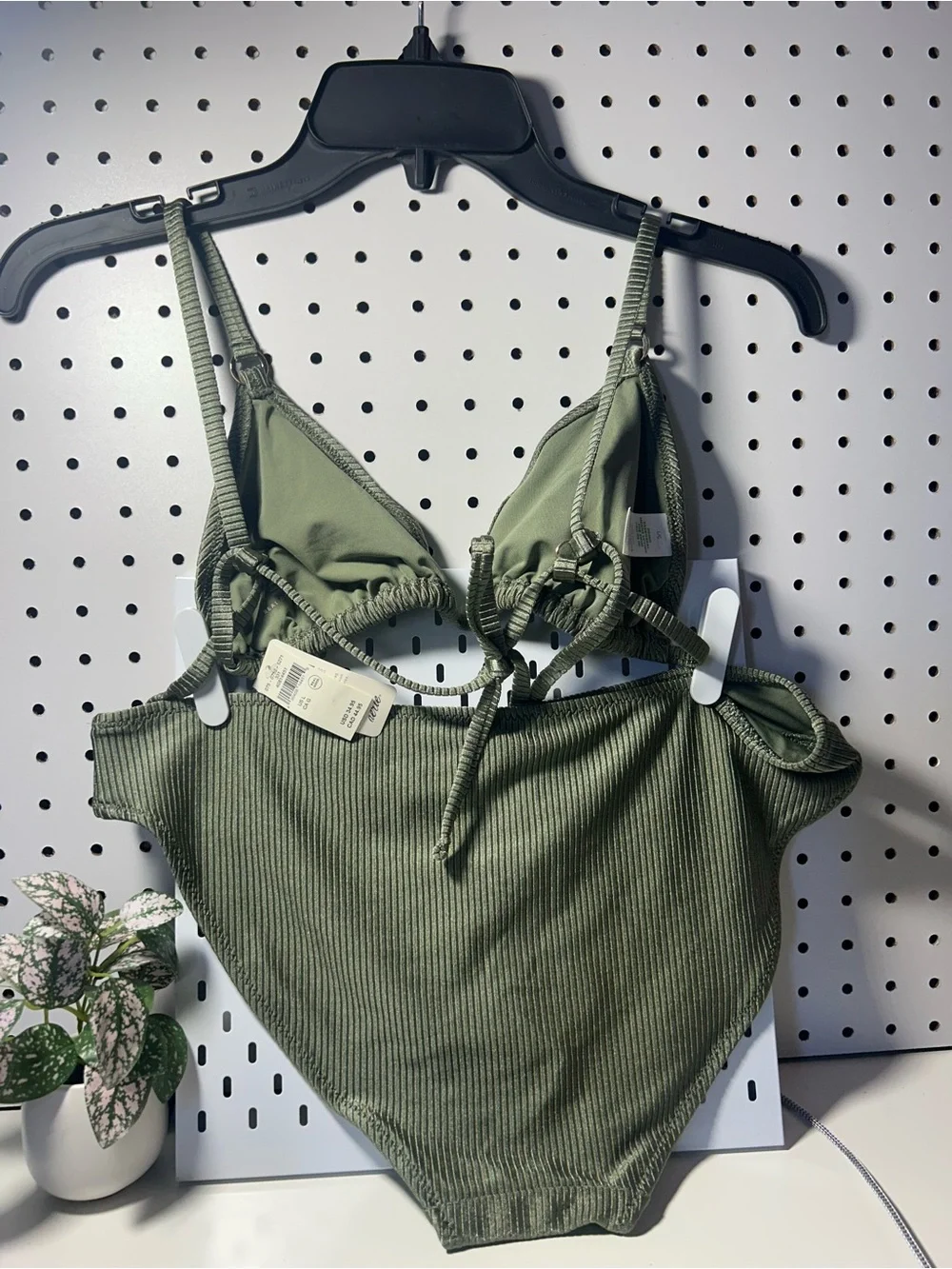 NWT Aerie Shine Ribbed Olive Ribbed Triangle String Bikini Set